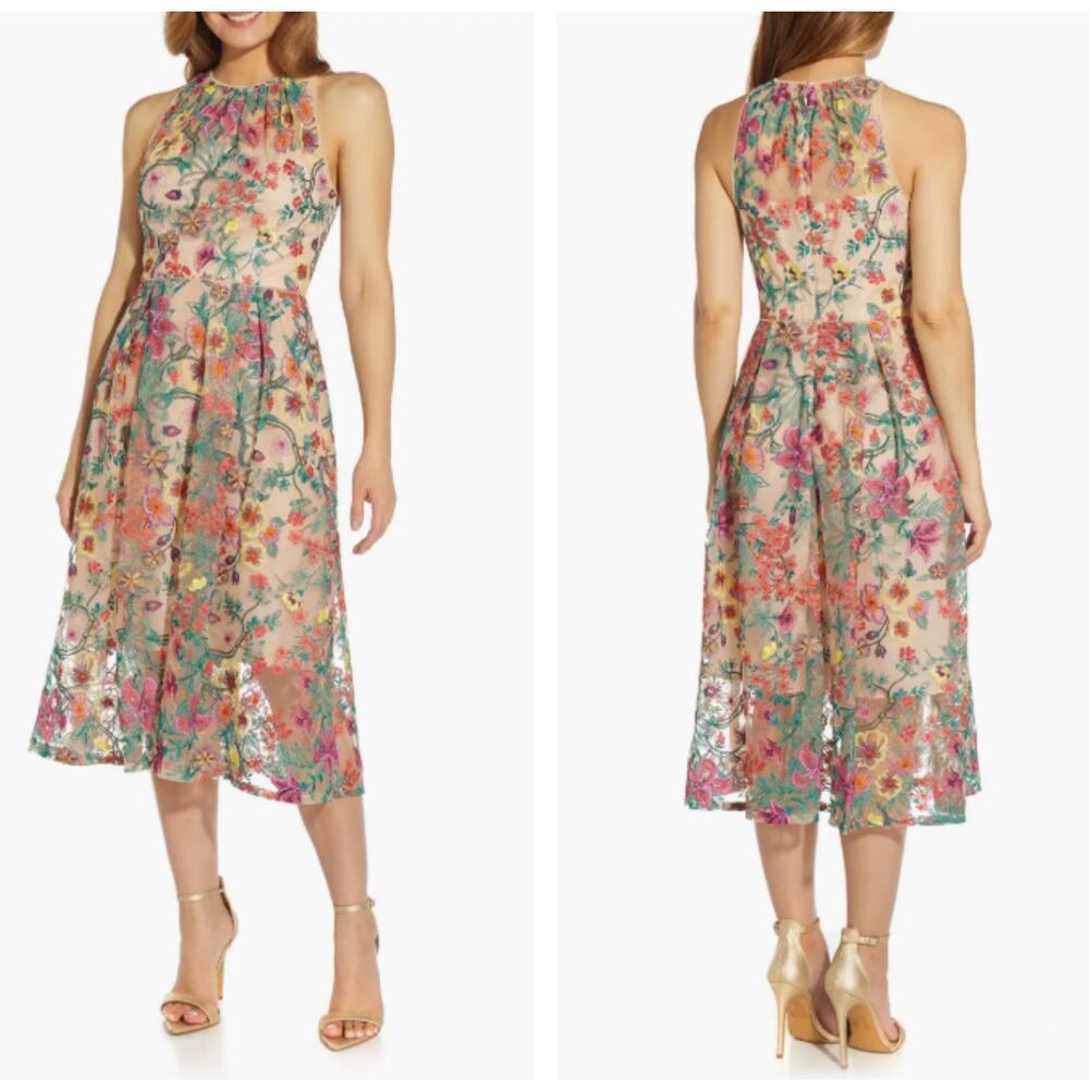 Adrianna Papell Floral Embroidered Midi Dress in Multicolor
